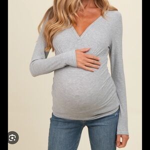 Heather Grey Ribbed V-Neck Long Sleeve Maternity Top